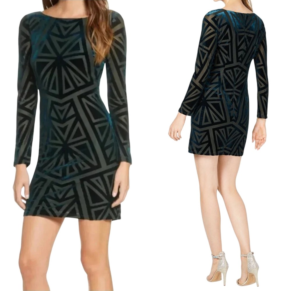 Vince Camuto Geometric Burnout Velvet Dress Size 10 Green Long Sleeves Cocktail